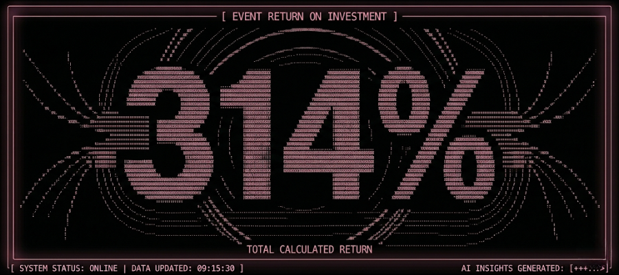 ASCII dashboard showing event ROI with pipeline impact, retention metrics, and cost comparison insights