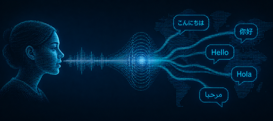 Diagram comparing the old three-step transcribe-translate-speak pipeline with a single-stream speech-to-speech translation engine for live events