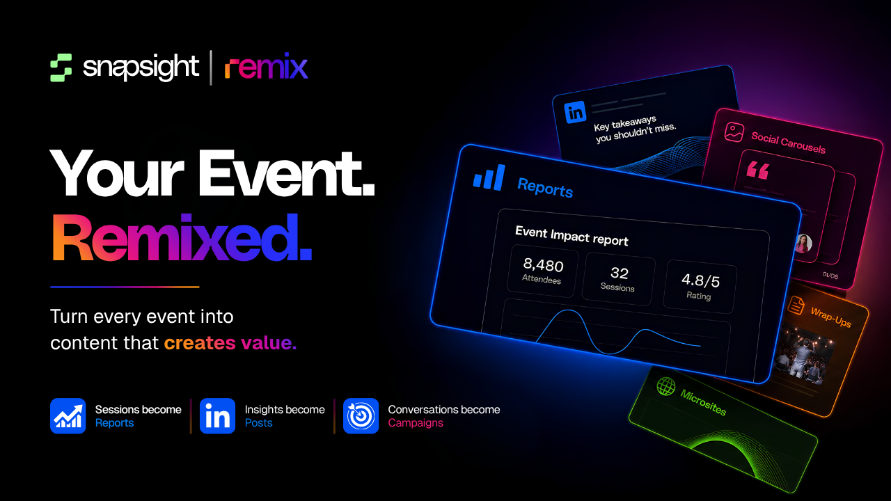 Snapsight Remix AI content studio turning a captured event session into an on-brand deck, report, and social carousel