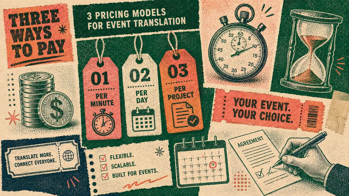 Collage showing three event translation pricing models: per session, hourly packages, and per interpreter day.