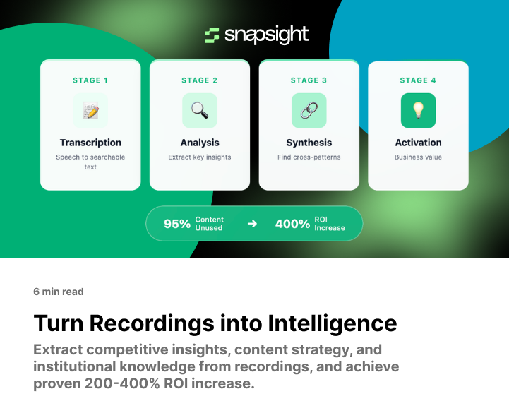 Dashboard showing event recordings to business intelligence with transcript analysis, sentiment insights, and cross session analytics